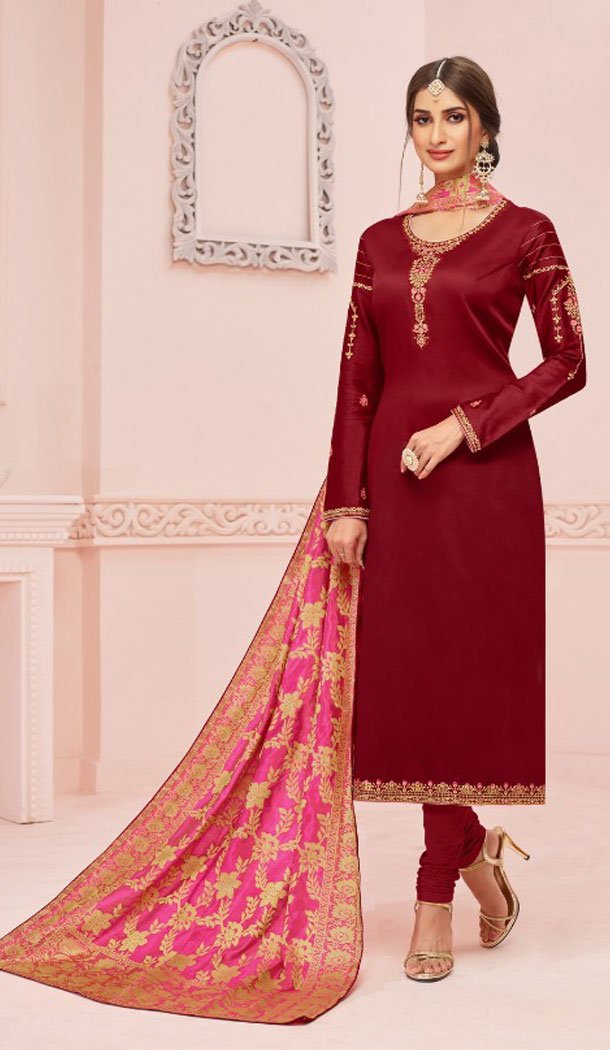 Maroon Color Pure Cotton Jam Silk Evening Salwar Kameez With Banarasi Dupatta - 498061115