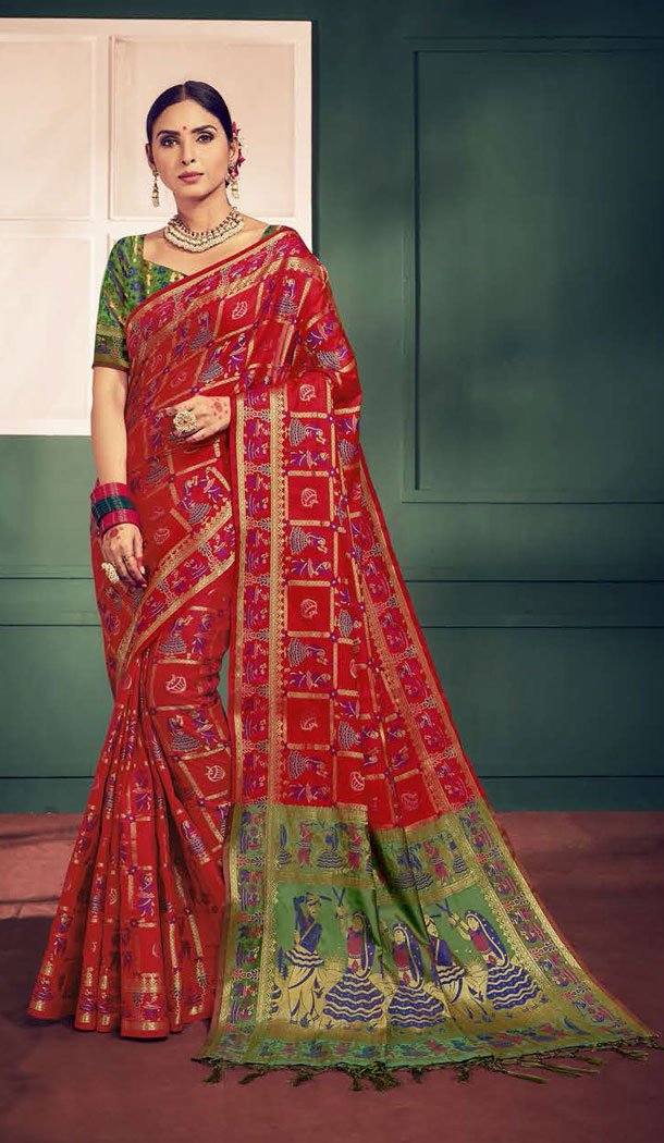 Red And Green Color Kanchipuram Silk Traditional Plus Size Sarees - 496861024