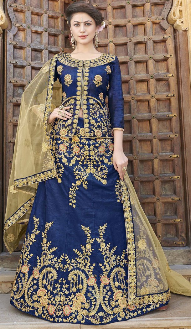 Blue Color Silk Treditional Wear Lehenaga with Long Choli Blouse - 502361659