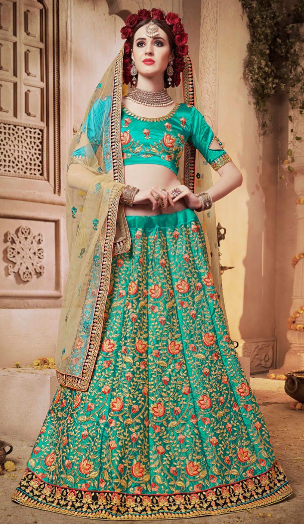 Green Color Satin Silk Treditional Party Wear Lehenaga Choli - 502461665