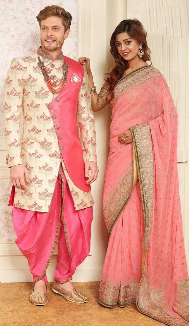 Cream And Pink Color Jacquard Exclusive Ready made Indo Western Sherwani - 504661884