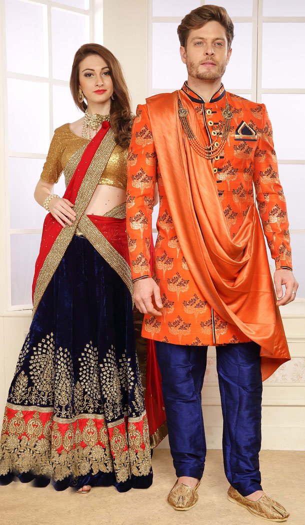 Orange Color Jacquard Exclusive Ready made Indo Western Sherwani - 504661909