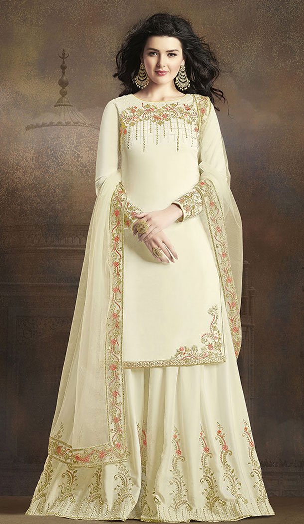 Off White Color Soft Silk Pakistani Eid Special Palazzo Salwar Kameez - 64064270