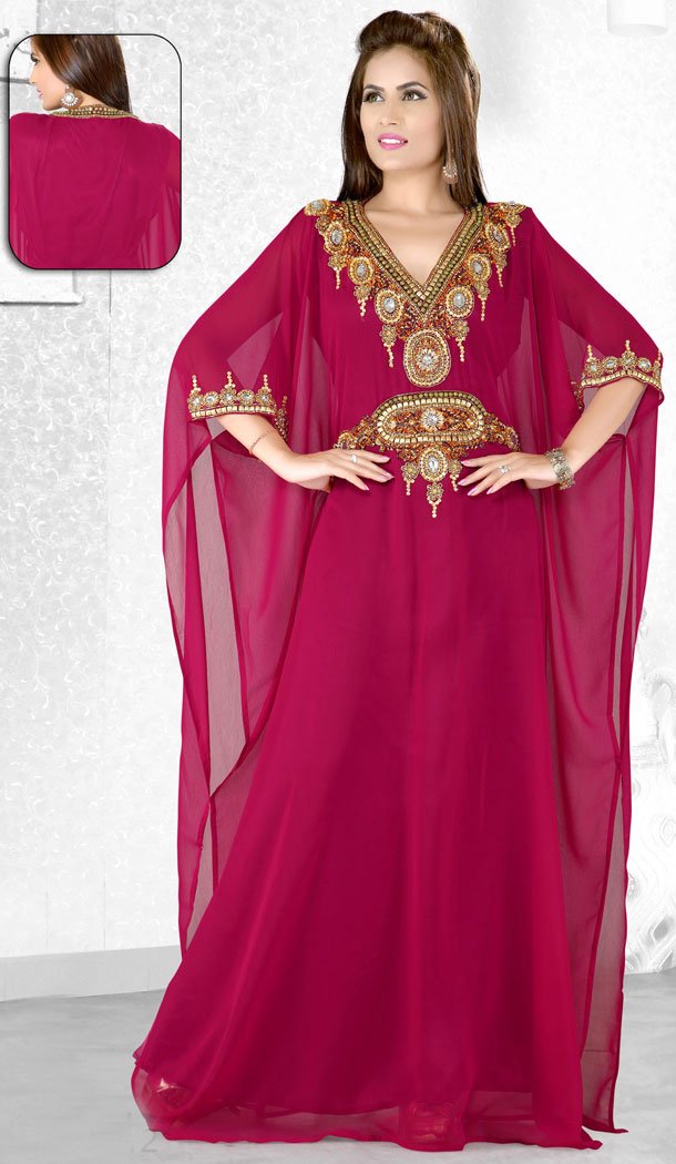 Burgundy Color Faux Georgette Designer Hand Stiched Arab Islamic Farasha Dress - 501561506