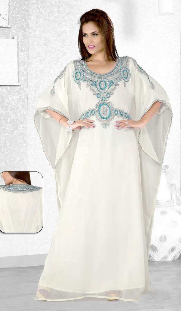 Off White Color Faux Georgette Designer Hand Stiched Arab Islamic Farasha Dress - 501561514