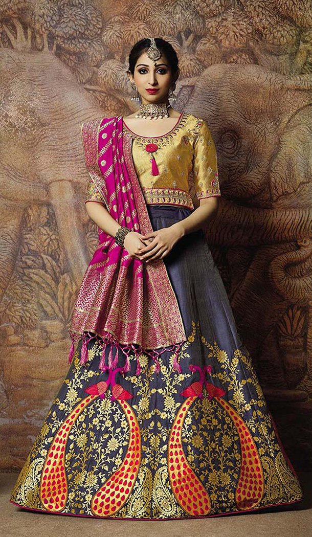 Enigmatic Dark Grey Color Jacquard Silk Designer Wear Lehenga Choli - 64414613
