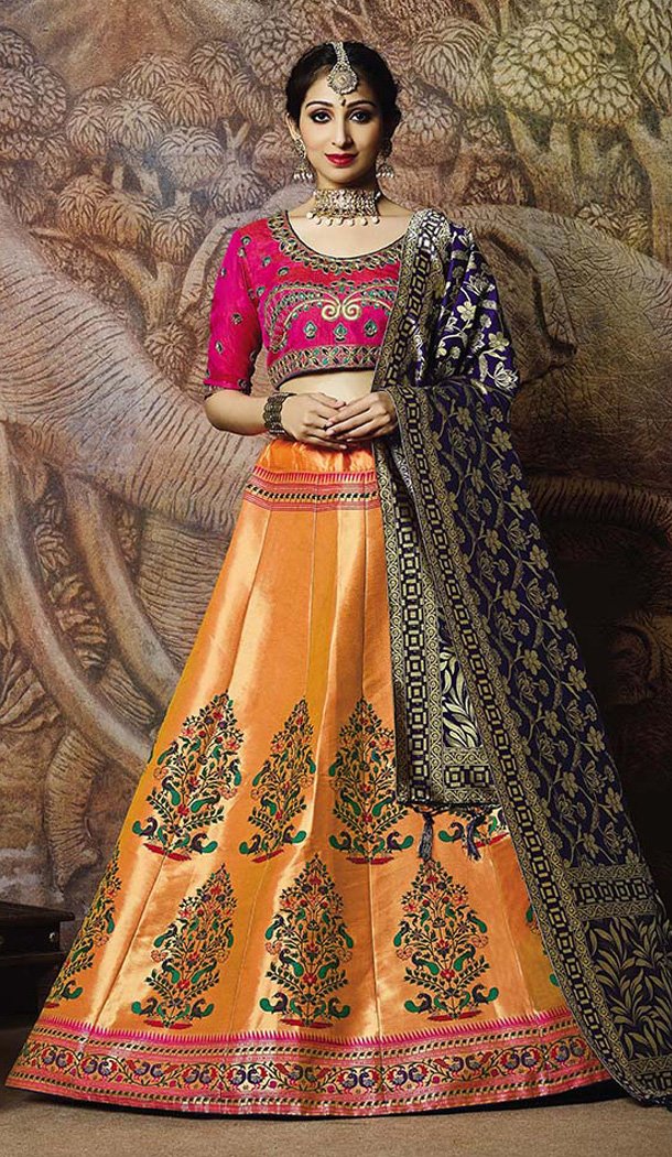 Chic Orange Color Jacquard Silk Designer Wear Lehenga Choli - 64414616