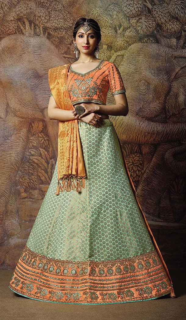 Aqua Blue Color Jacquard Silk Designer Wear Lehenga Choli - 64414620
