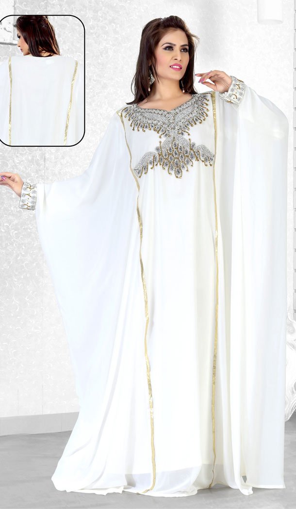Off White Faux Georgette Designer Readymade Islamic Kaftan Dress - 501861554