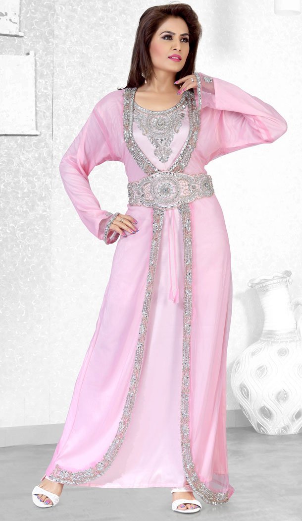 Baby Pink Faux Georgette Designer Readymade Islamic Kaftan Dress - 501861565