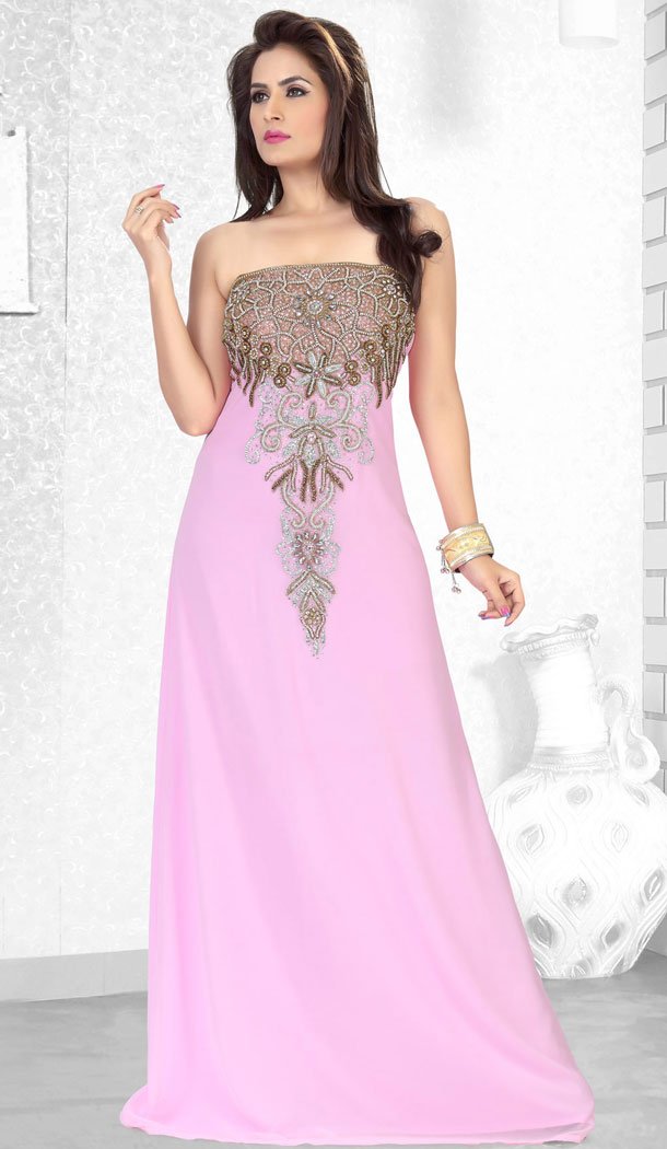 Baby Pink Faux Georgette Designer Readymade Islamic Farasha Dress - 501861568