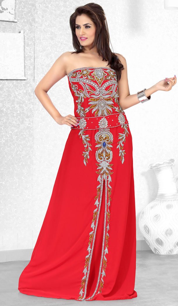 Red Faux Georgette Designer Readymade Islamic Farasha Dress - 501861573
