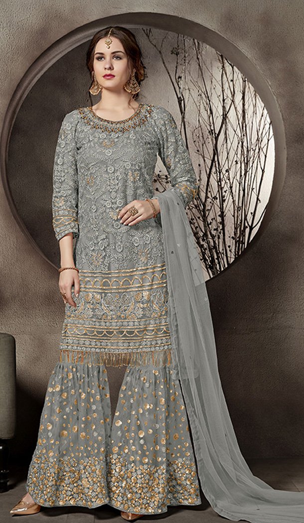 Grey Color Net Pakistani Designer Sharara Salwar Kameez | Heenastyle