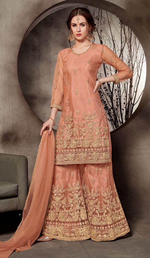 Alluring Dark Peach Color Net Designer Sharara Salwar Kameez - 64464671