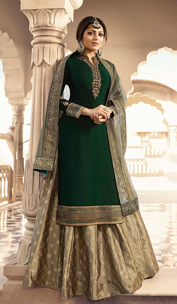 Dark Green Color Satin Georgette Tv Actress Drashti Dhami Lehenga Suit - 64424633
