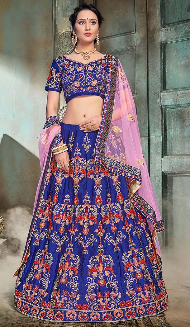 Royal Blue Color Nylon Satin Designer Wear Women Lehenga Choli - 64484685