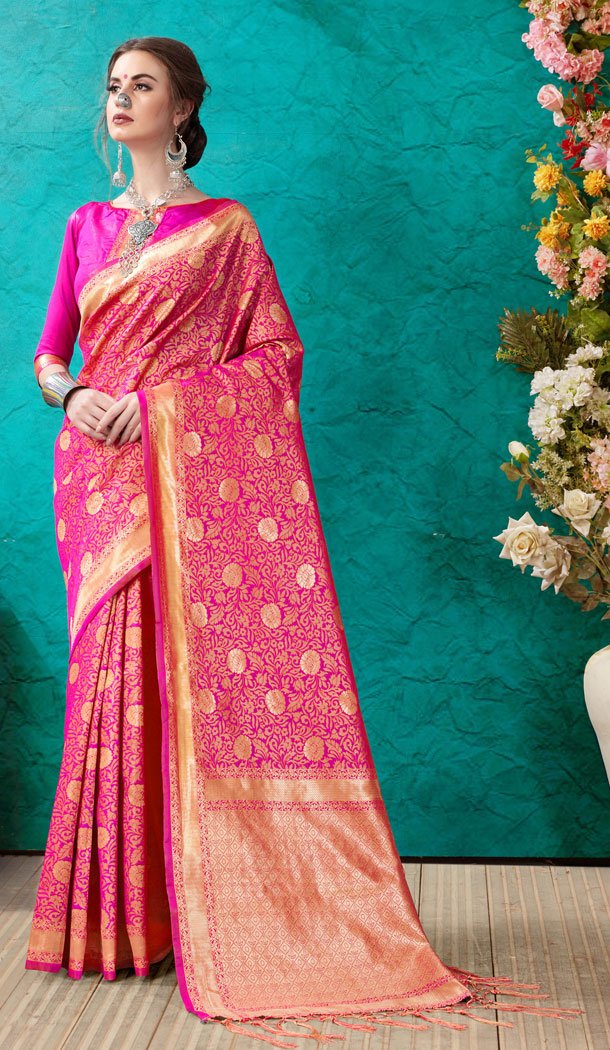 Dark Pink Color Banarasi Silk Casual Office Wear Saree Blouse - 504761920