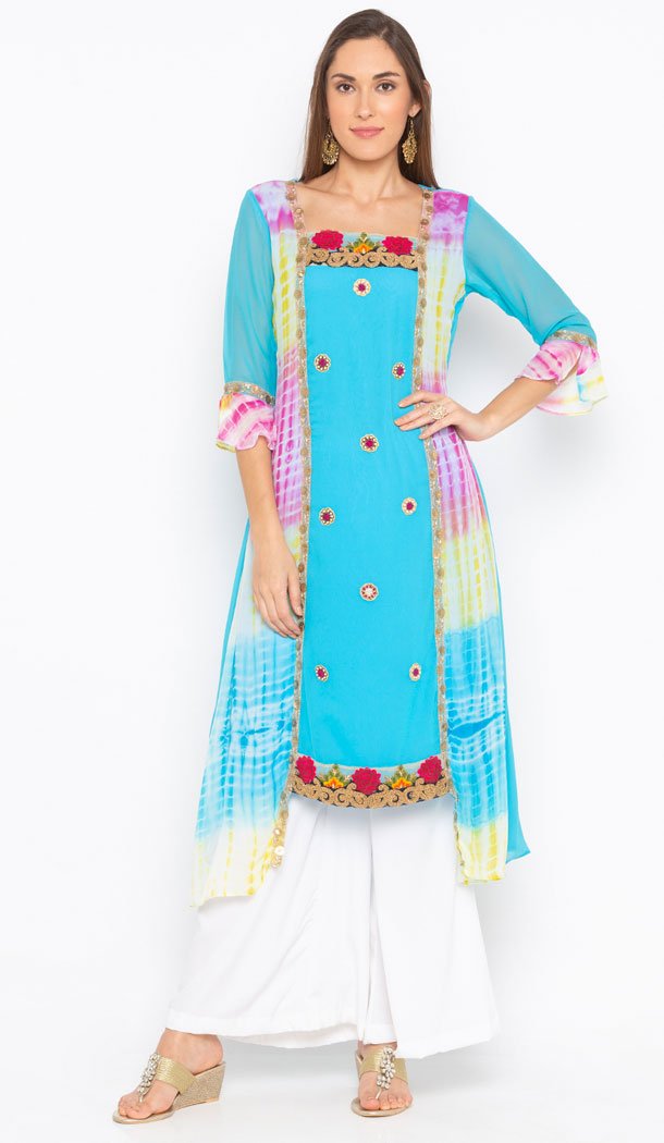 Aesthetic Blue Color Georgette Designer Plus Size Readymade Kurti - 513062940