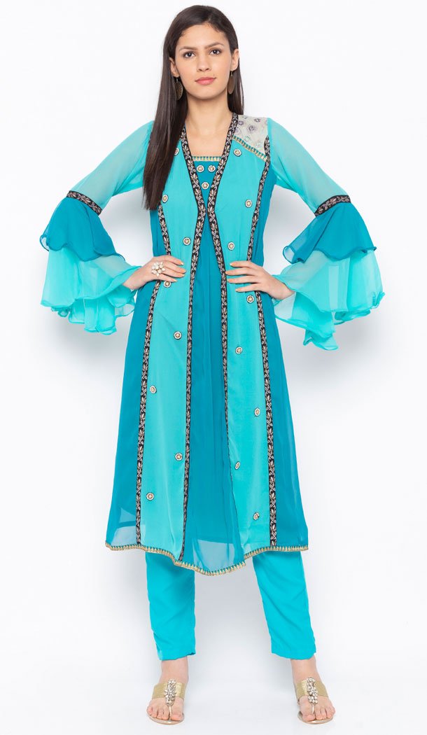 Blue And Aqua Color Georgette Designer Plus Size Readymade Kurti - 513062959