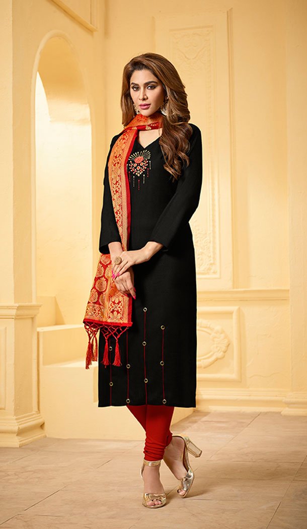 Black Color Cotton Slub Casual Office Wear Salwar Kameez - 64614806