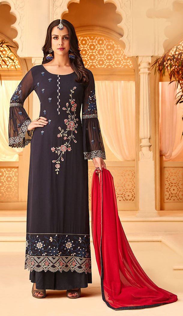 Navy Blue Color Georgette Party Wear Palazzo Salwar Kameez - 64624817