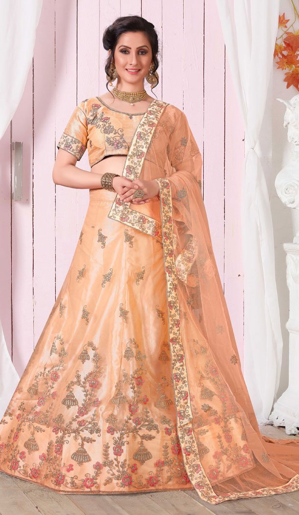 Exotic Light Orange Color Net Traditional Party Wear Plus Size Chaniya Choli - 515663177