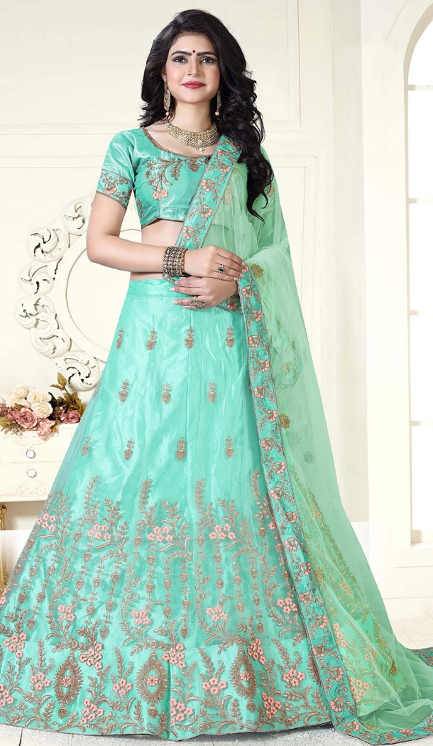 Aqua Green Color Net Traditional Party Wear Plus Size Chaniya Choli - 515963192