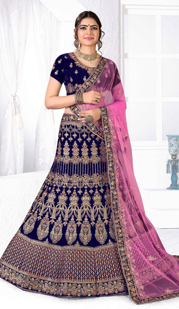 Charming Navy Blue Color Velvet Traditional Designer Wear Plus Size Chaniya Choli - 515763184