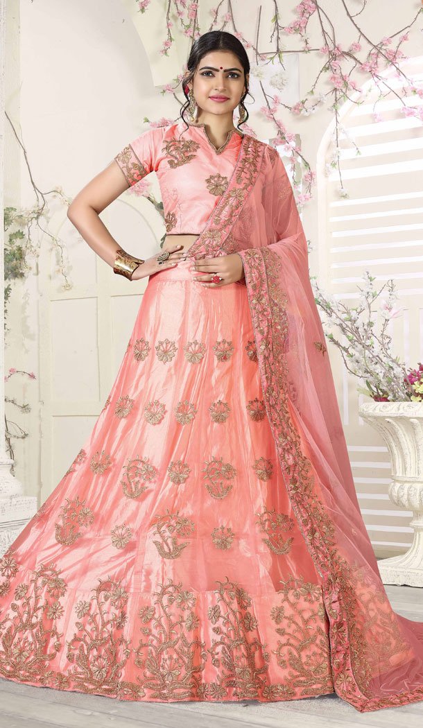 Charming Peach Color Net Heavy Zari Embroidery Party Wear Lehenga Choli - 516063196