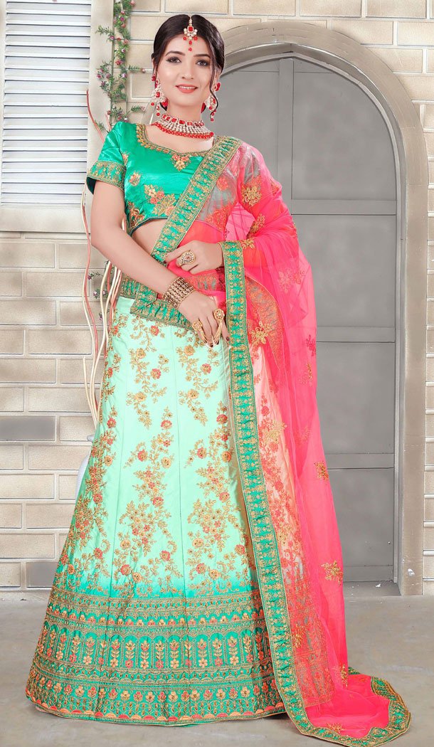 Green Color Net Heavy Zari Embroidery Traditional Wear Lehenga Choli - 516163203