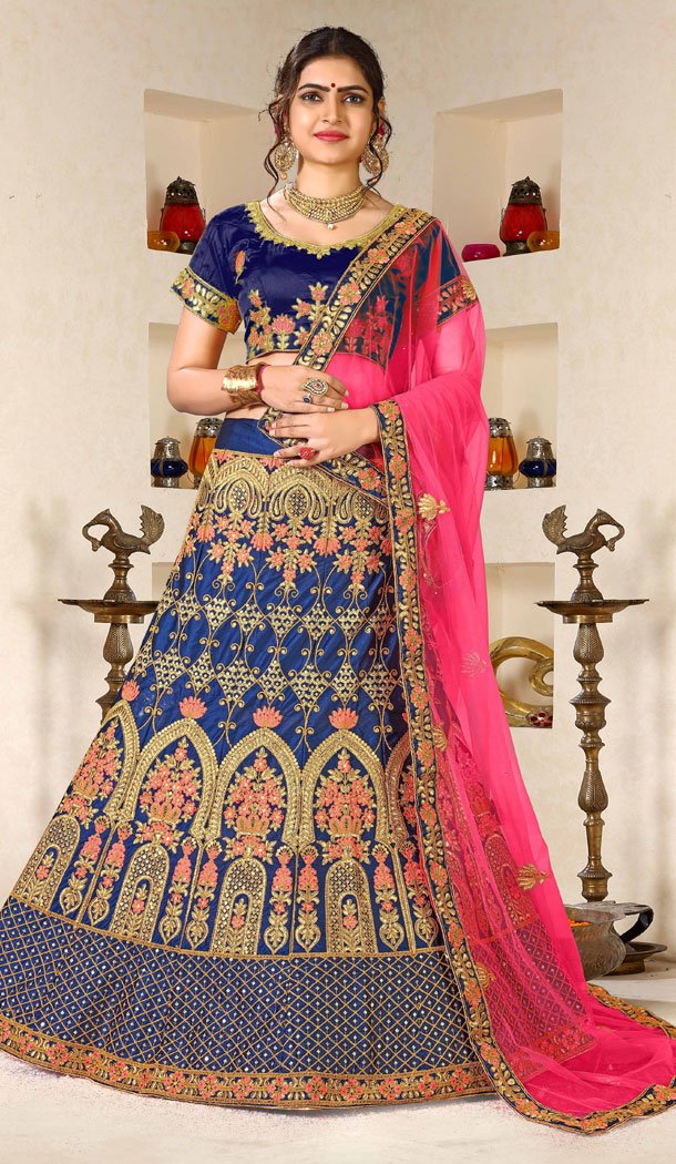 Blue Color Satin Silk Heavy Zari Embroidery Traditional Wear Lehenga Choli - 516363211