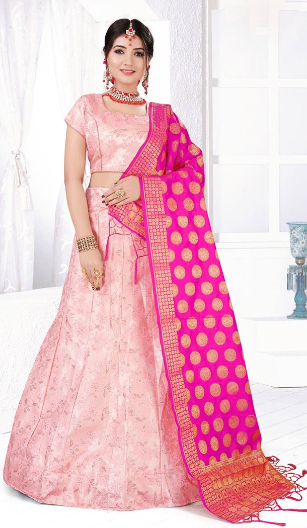 Baby Pink Color Satin Silk Weaving Traditional Wear Lehenga Choli - 516463215
