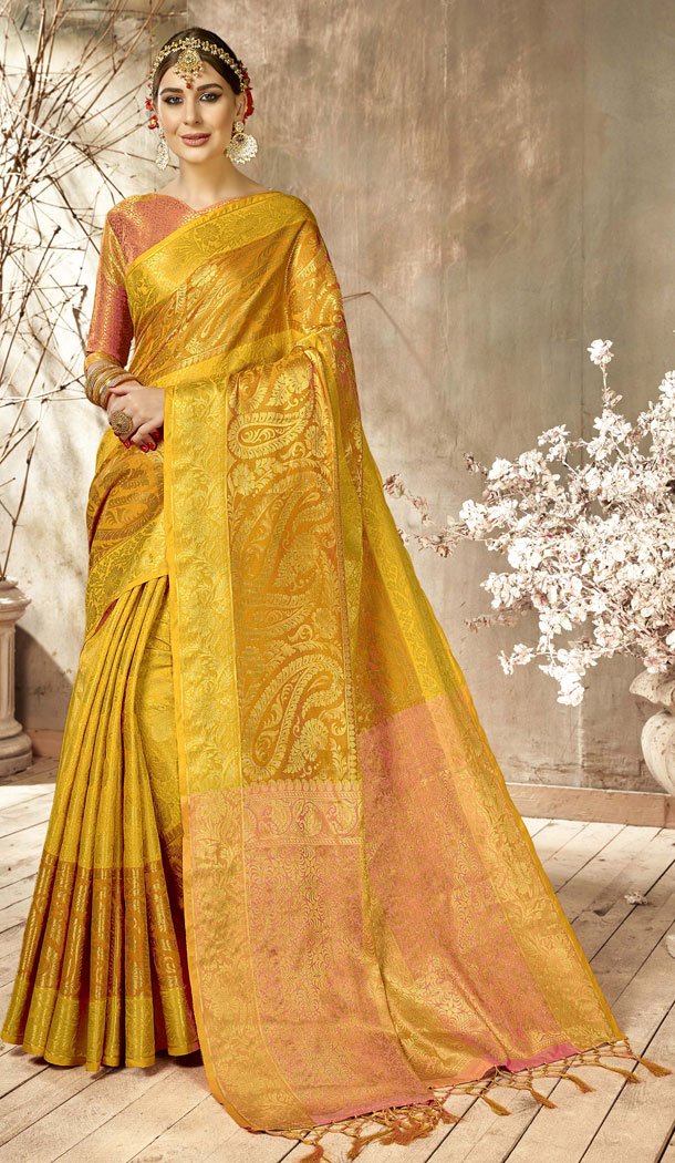 Two Tone Yellow Color Kanjivaram Silk Casual Wear Saree Blouse - 518363343