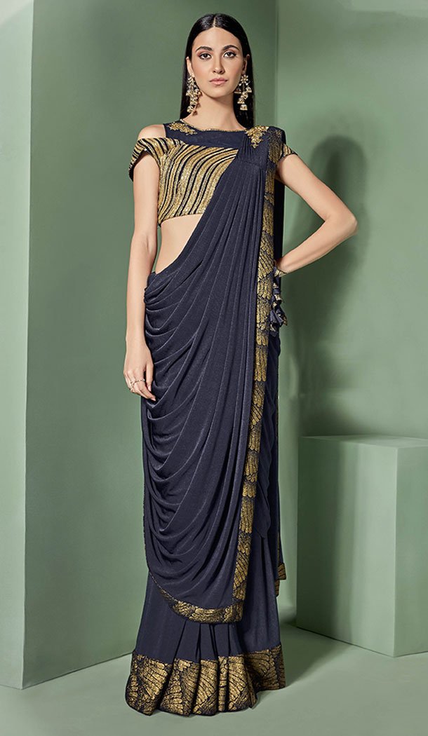 Adorable Navy Blue Color Lycra Fancy Designer Wear Lehenga Style Saree - 64814989