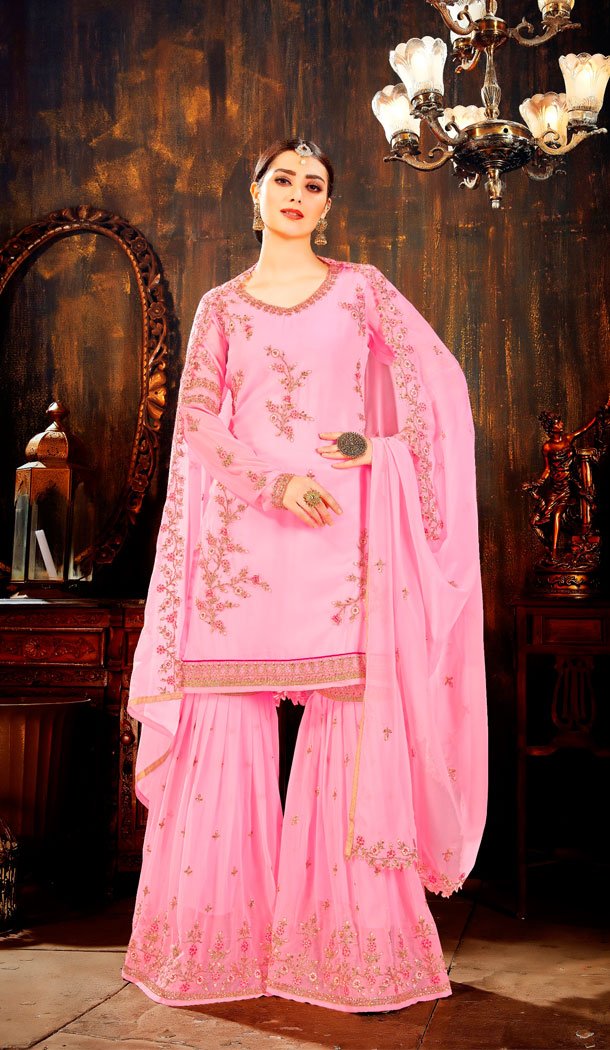 Pink Color Faux Georgette Designer Pakistani Sharara Salwar Kameez Pink Color Faux Georgette Designer Pakistani Sharara Salwar Kameez