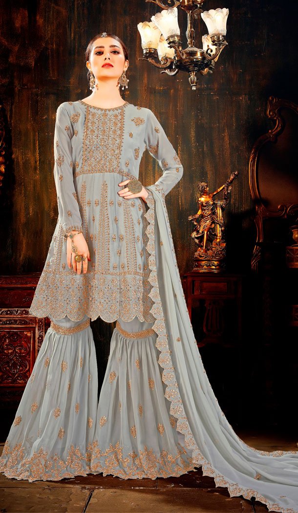 Grey Color Faux Georgette Designer Pakistani Sharara Salwar Kameez - 518563355