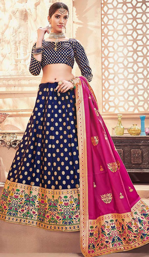 Navy Blue Color Banarasi Art Silk Traditional Wear Lehenga Choli Navy Blue Color Banarasi Art Silk Traditional Wear Lehenga Choli
