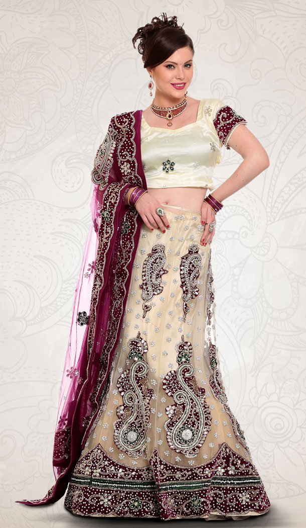 Cream Color Net Designer Bridal Lehenga Choli in Plus Size - 219425230