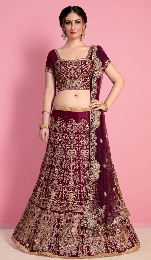 Charming Wine Color Velvet Silk Designer Wear Lehenga Choli - 523264206