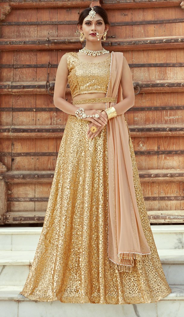 Chic Golden Color Soft Net Designer Wear Lehenga Choli - 523064190