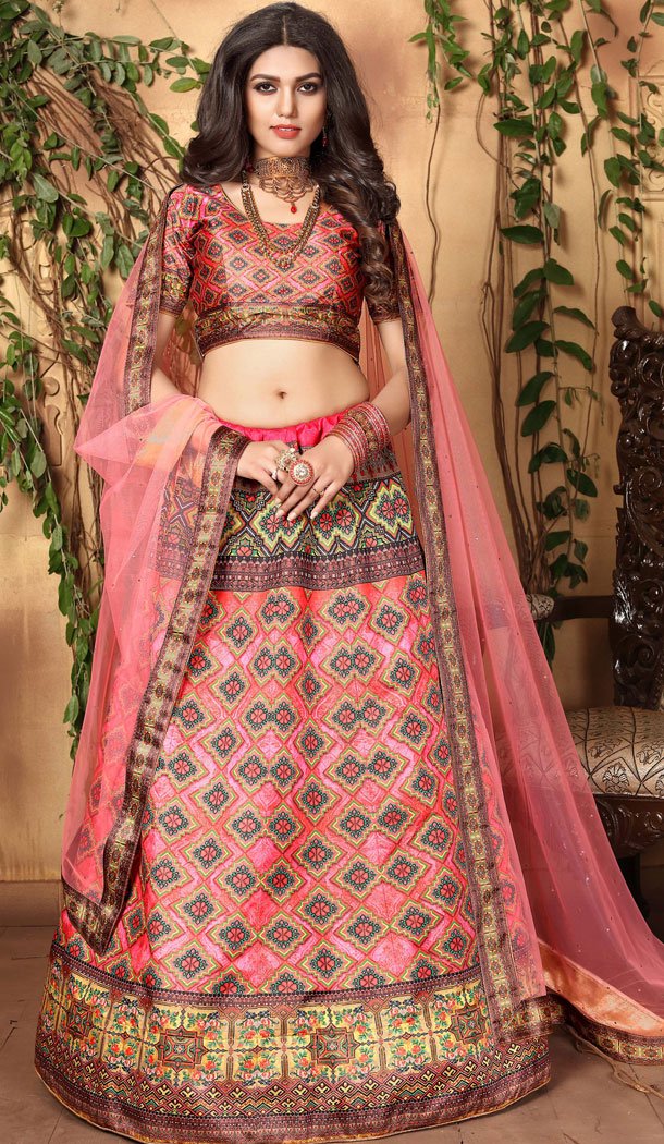 Fancy Peach Color Zari Satin Digital Printed Lehenga Choli - 525564678
