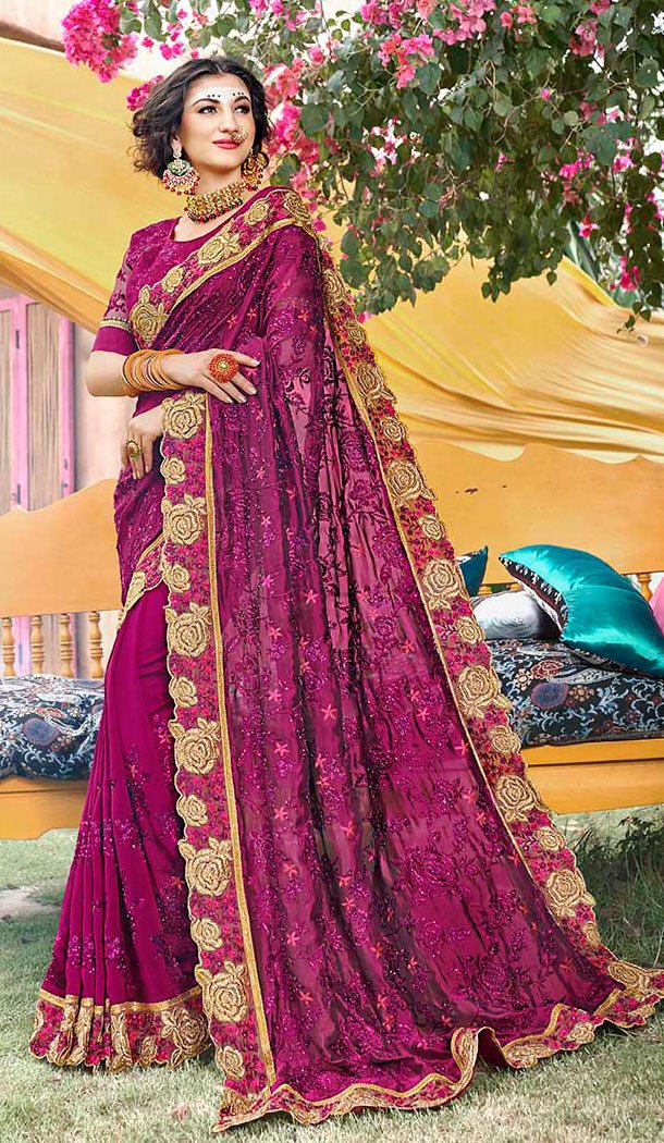 Traditional Purple Georgette Party Wear Plus Size Saree - 65105264