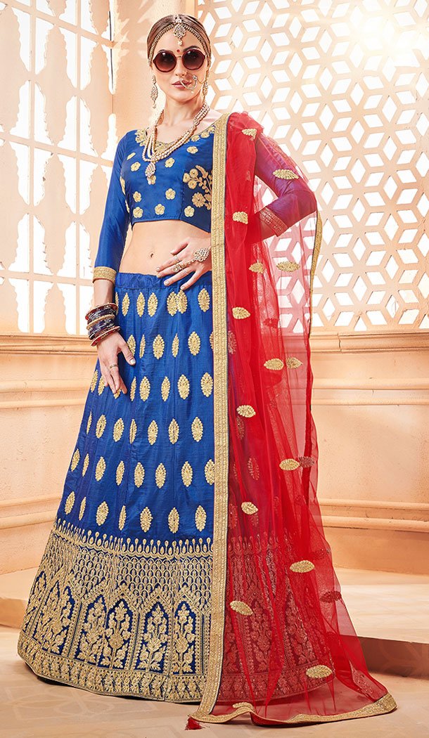Blue Color Silk Heavy Zari Embroidery Party Wear Plus Size Lehenga Choli - 530765295