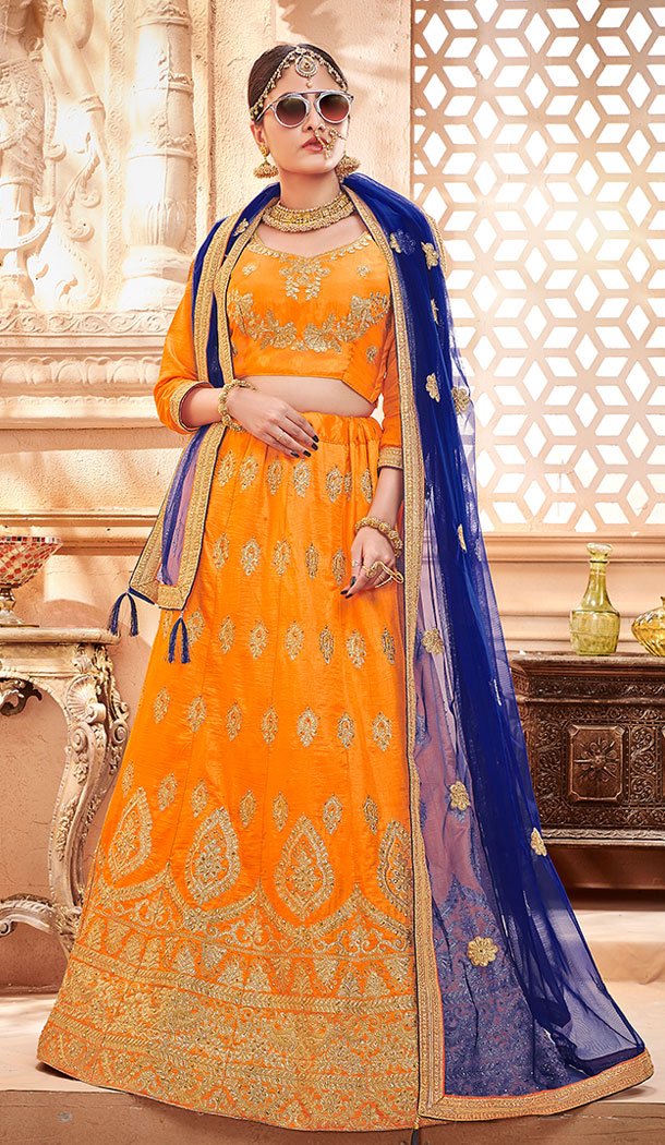 Exotic Orange Color Silk Heavy Zari Embroidery Plus Size Lehenga Choli - 530765296