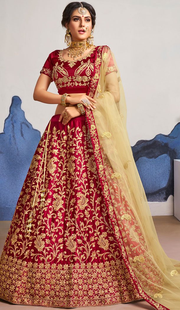 Gorgeous Maroon Color Satin Silk Traditional Party Plus Size Lehenga Choli - 531065320