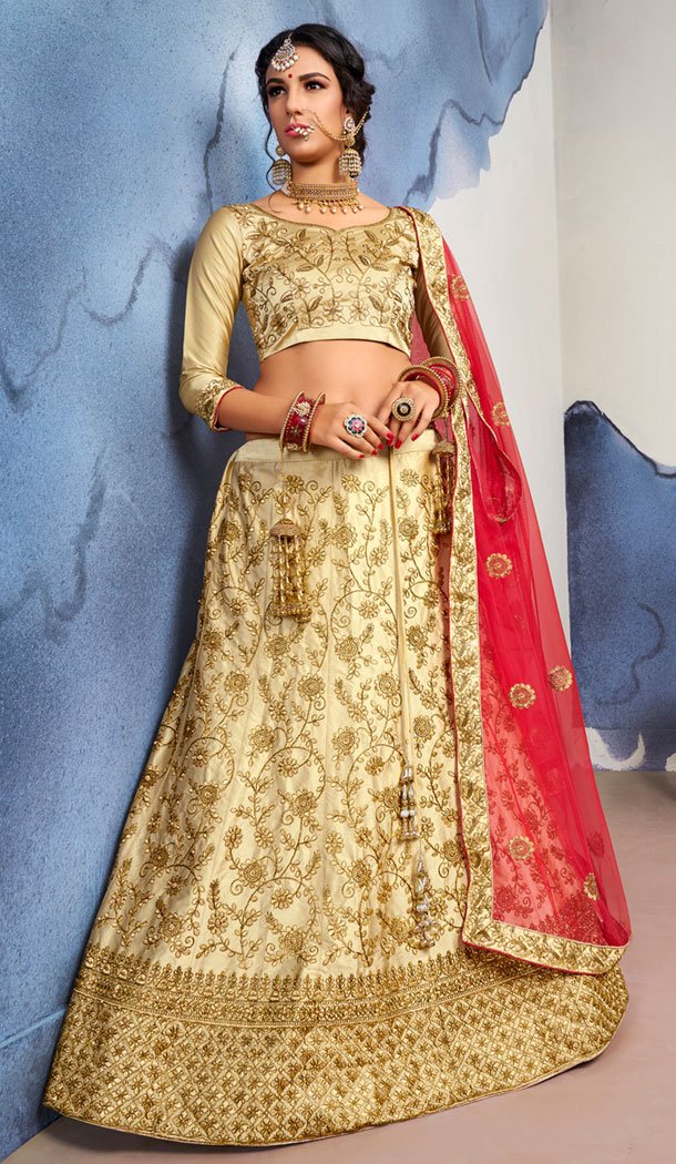 Sparkling Beige Color Satin Silk Traditional Party Plus Size Lehenga Choli - 531065321