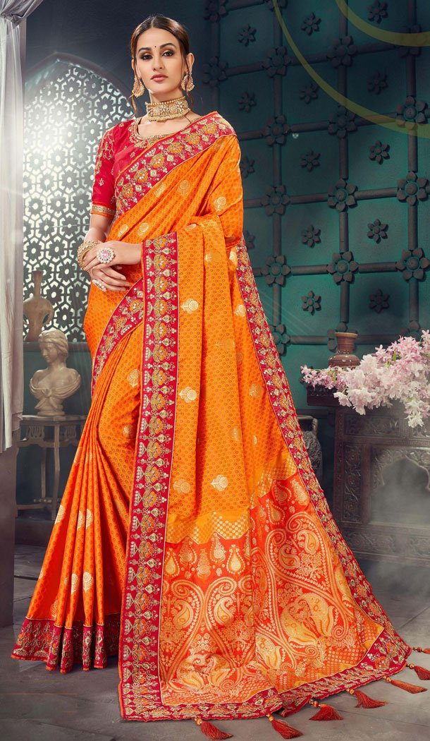 Orange Color Bhagalpuri Silk Designer Treditional Saree Blouse - 521964016