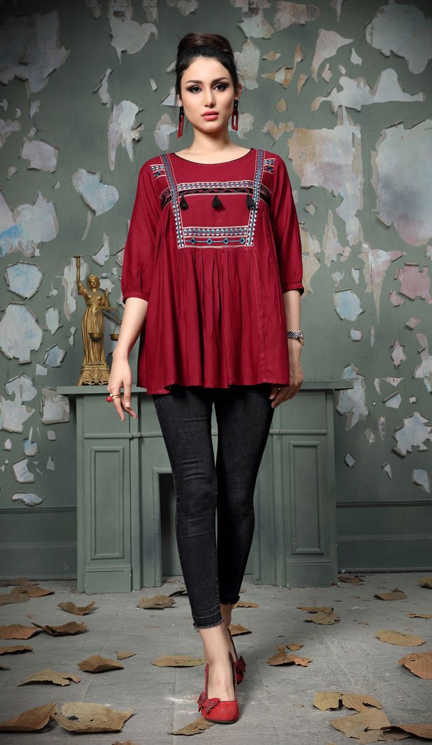 Attractive Maroon Color Rayon Party Wear Readymade Crop Top - 530465269