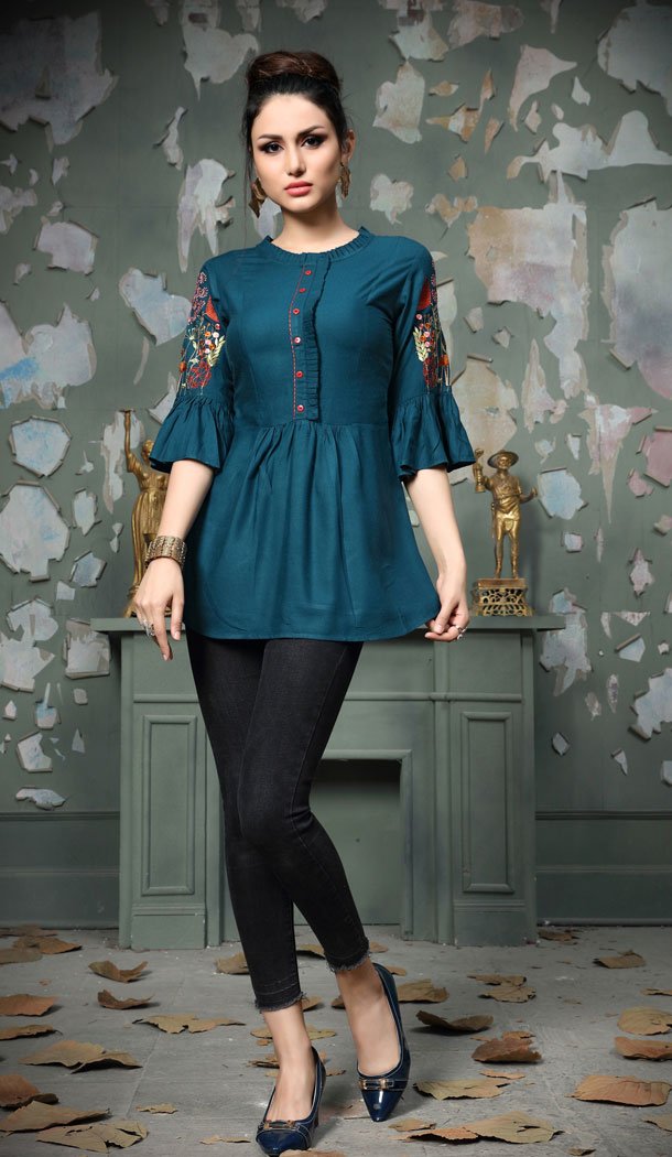 Contemporary Blue Color Rayon Party Wear Readymade Crop Top - 530465273