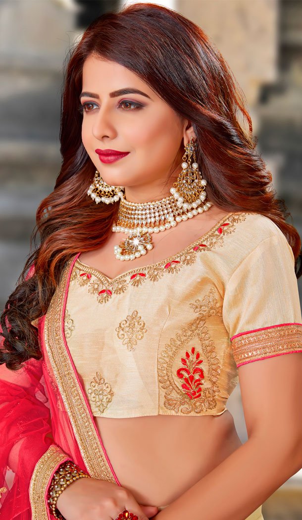 Beige Color Organza Embroidered Party Wear Plus Size Lehenga Choli - 534865785